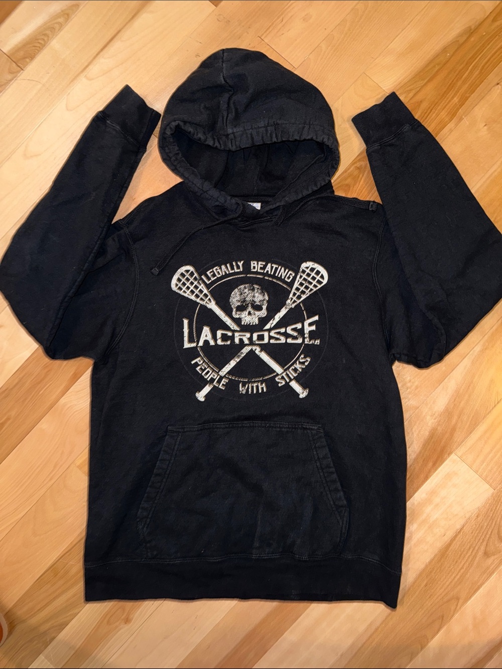 “Legally Beating People W/Sticks” black Lacrosse Hoodie M
